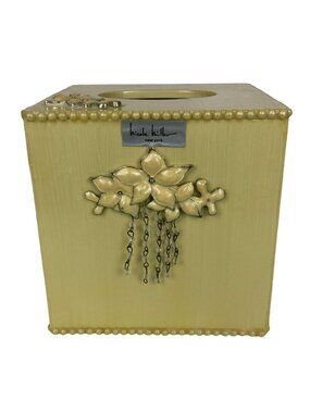 Nicole Miller New York Tissue Box Cover Delias Cream 3D Floral Applique Beads